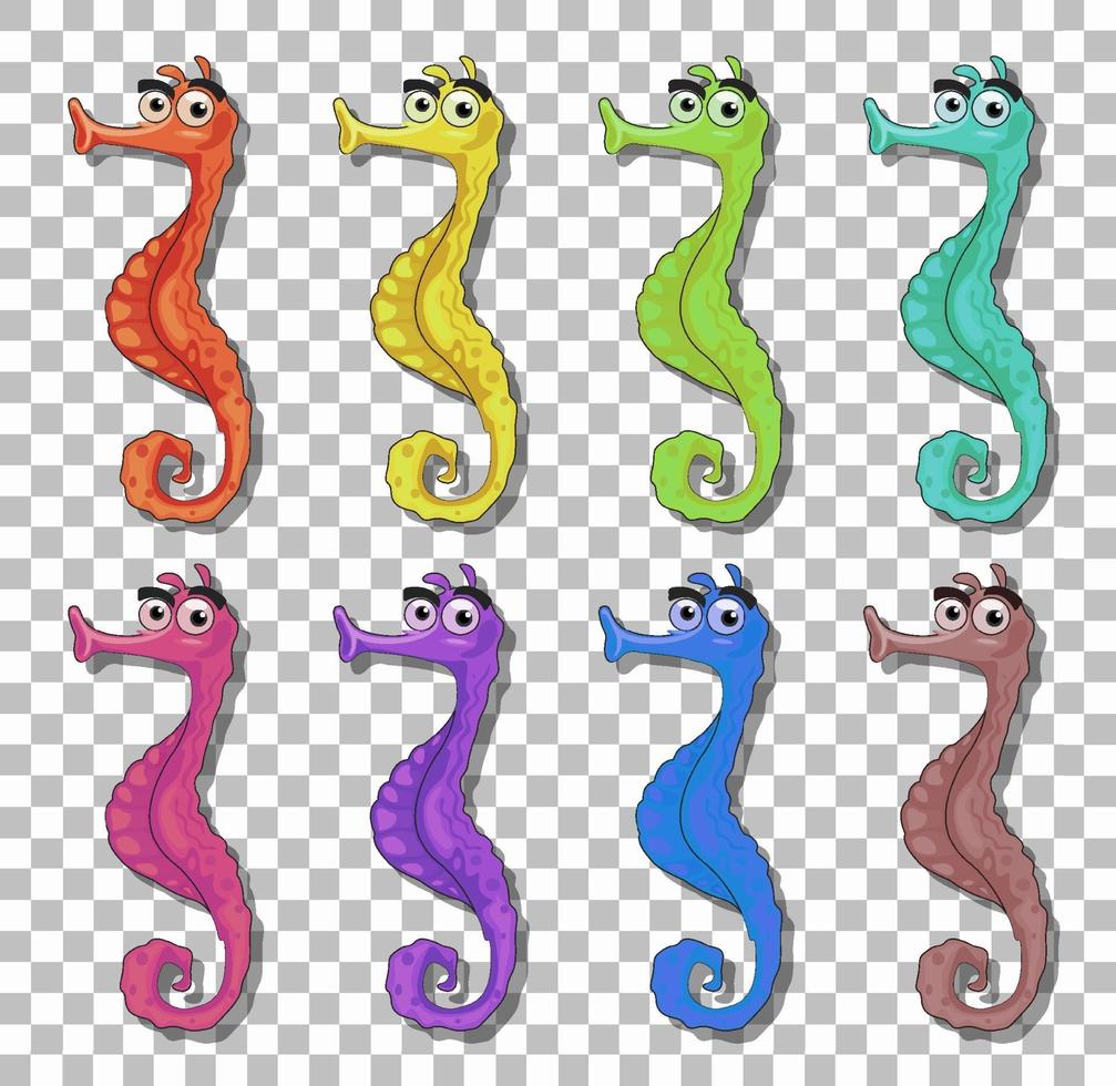 Set of many seahorse cartoon character isolated on transparent background vector