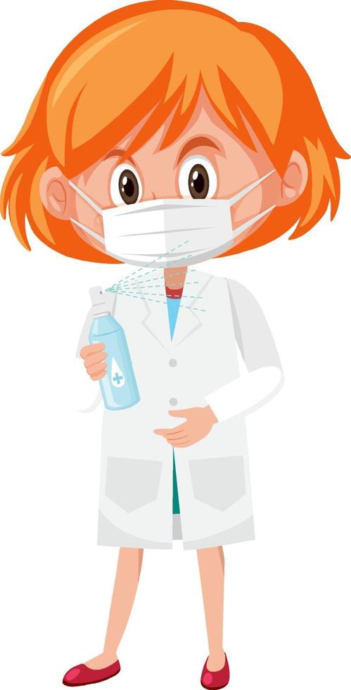 Chica en traje de doctor sosteniendo botella de desinfectante de manos objetos aislados sobre fondo blanco. vector