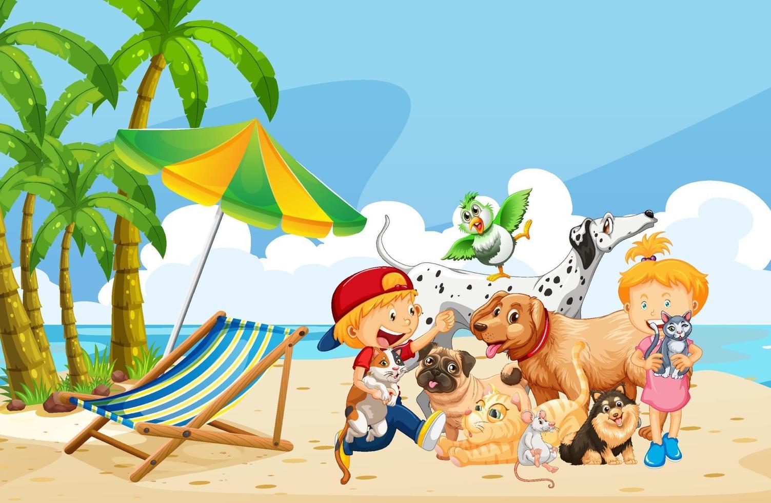 Escena al aire libre en la playa durante el día con un grupo de mascotas y niños. vector