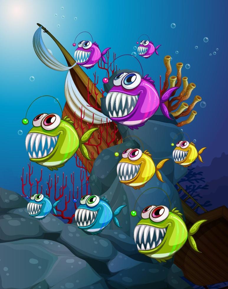 muchos personajes de dibujos animados de peces exóticos en la escena submarina con corales vector