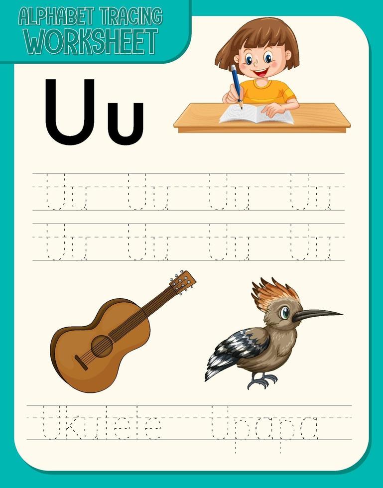 Alphabet tracing worksheet with letter U and u vector
