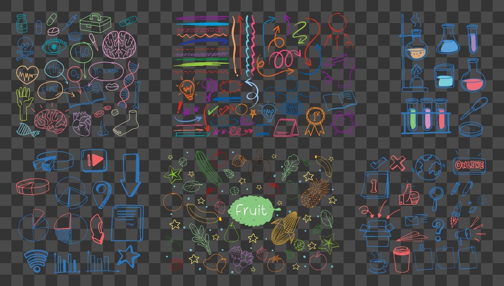 Set of colorful object and symbol hand drawn doodle on transparent background vector