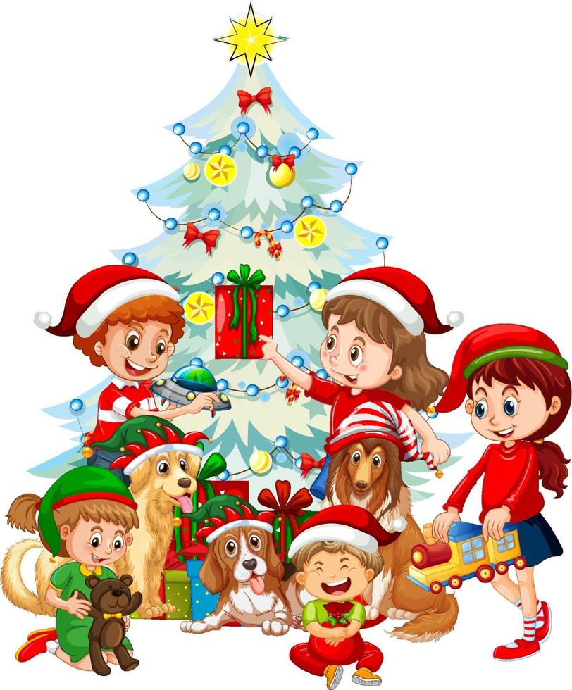 Group of children with their dog wearing Christmas costume on white background vector