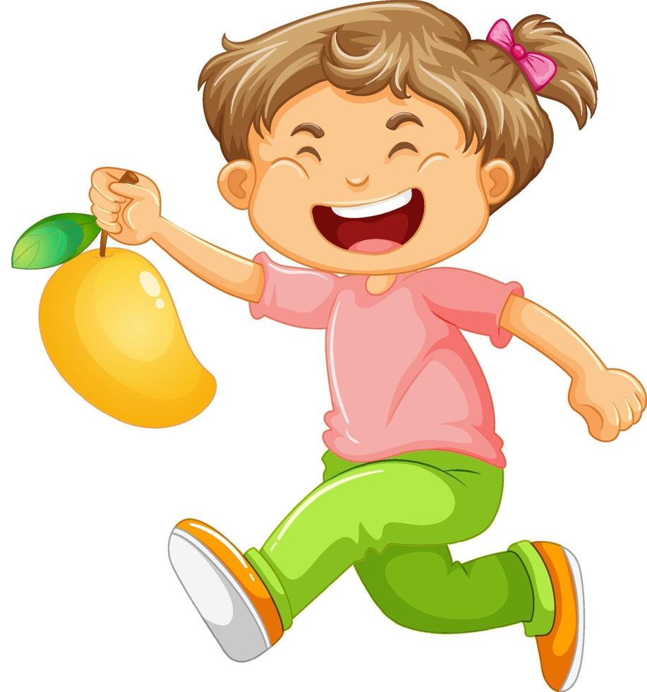 Un niño con personaje de dibujos animados de fruta de mango aislado sobre fondo blanco. vector