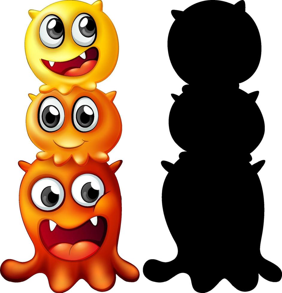 Yellow monsters family with its silhouette on white background vector