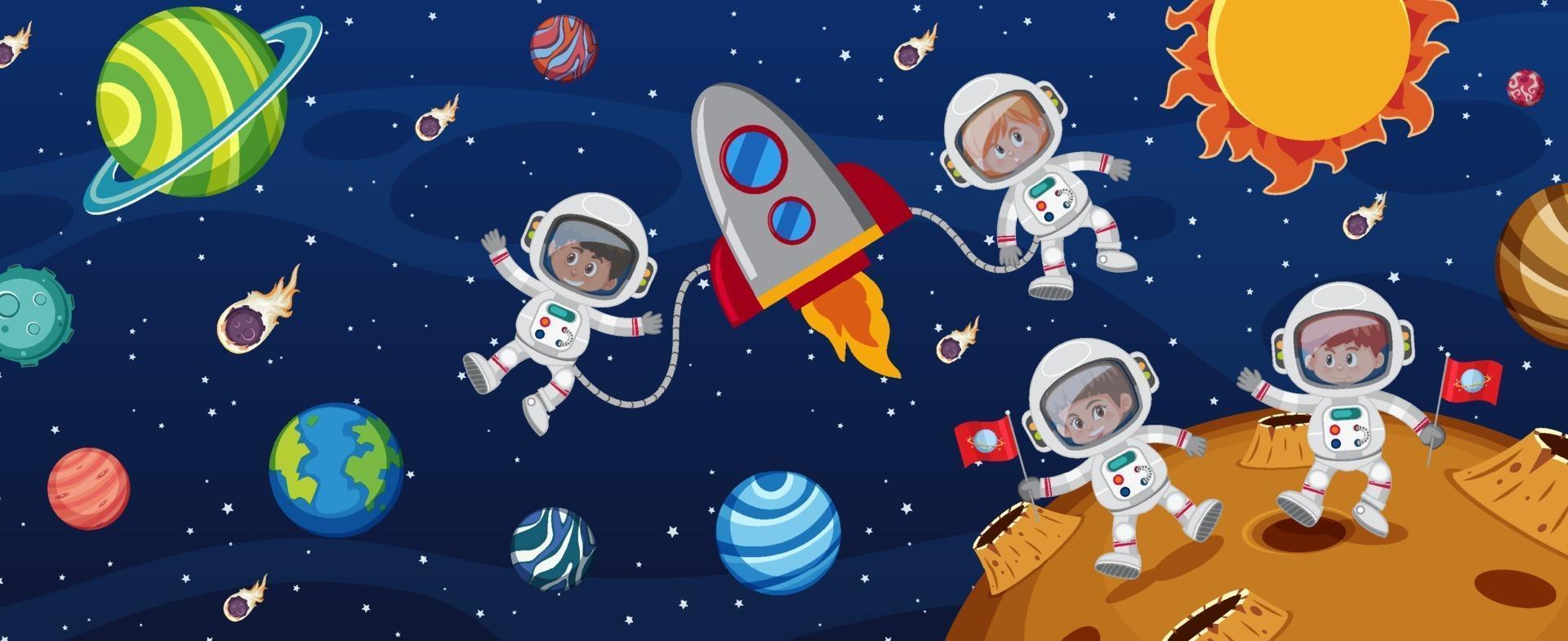 Many astronauts in the galaxy background vector