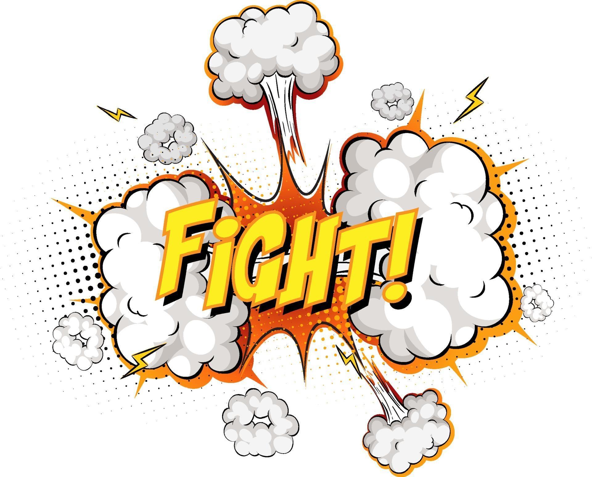 FIGHT text on comic cloud explosion isolated on white background