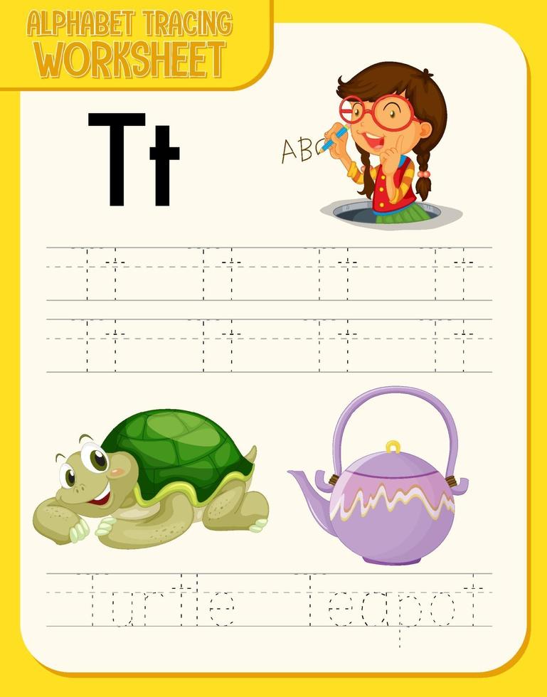 Alphabet tracing worksheet with letter T and t vector