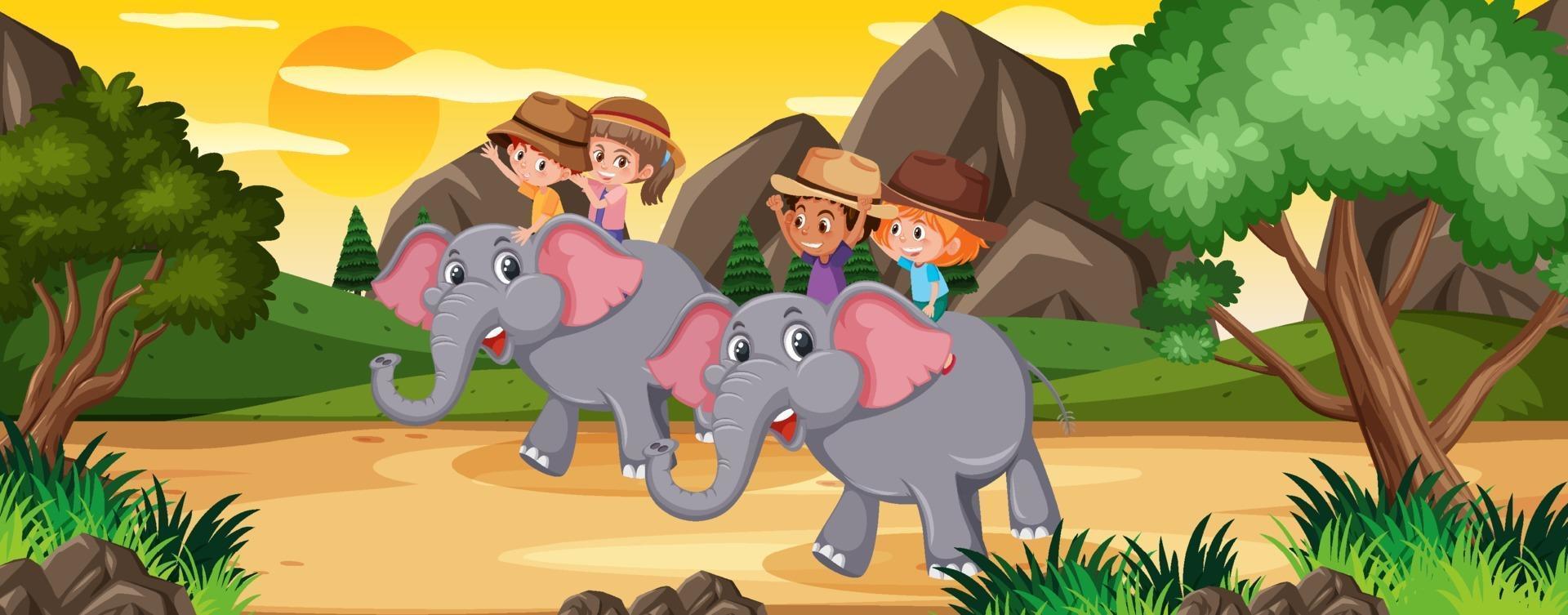 Children riding elephant in nature vector