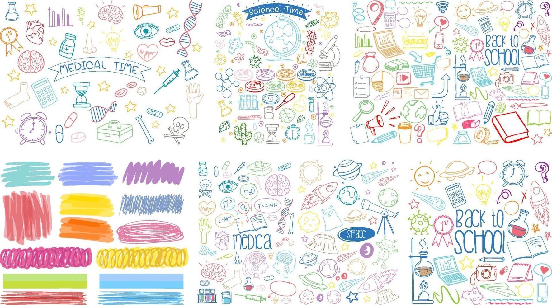 Conjunto de objetos coloridos y símbolos doodle dibujados a mano sobre fondo blanco. vector