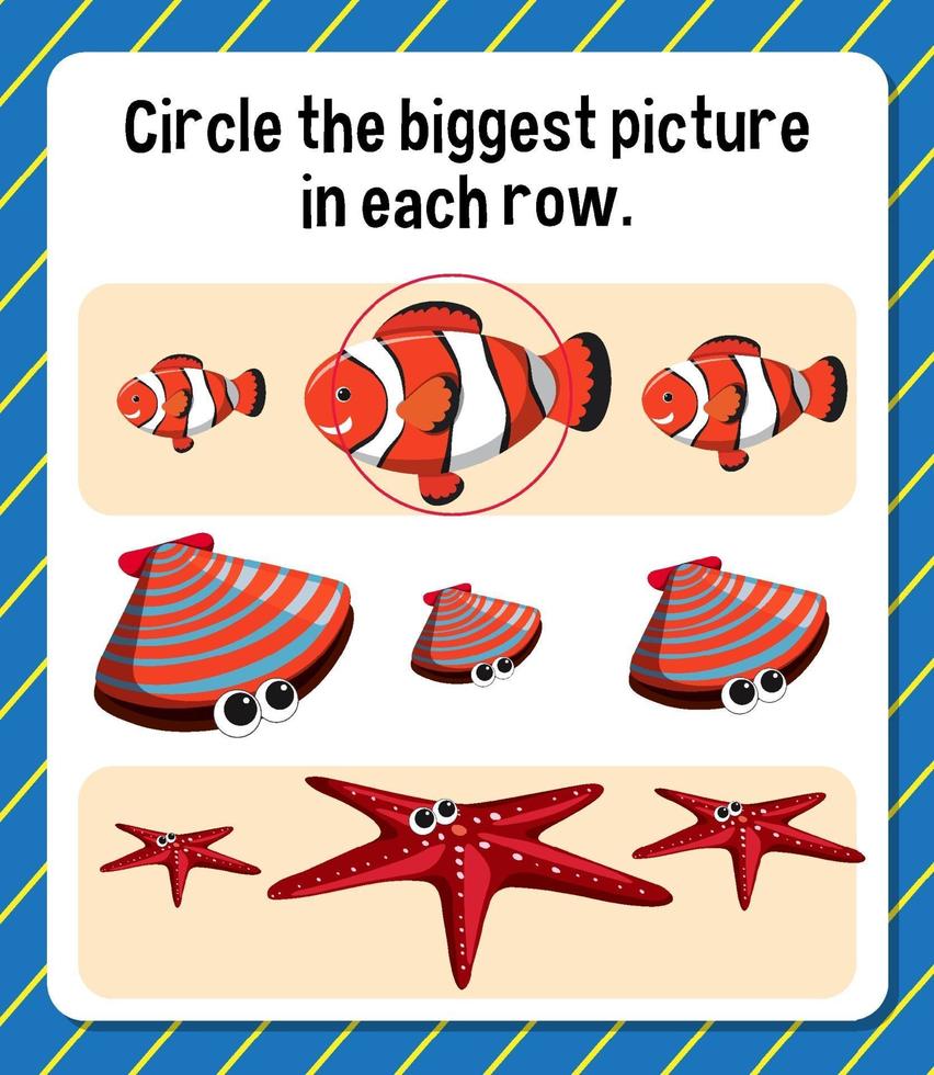 Circle the biggest picture in each row worksheet for children vector