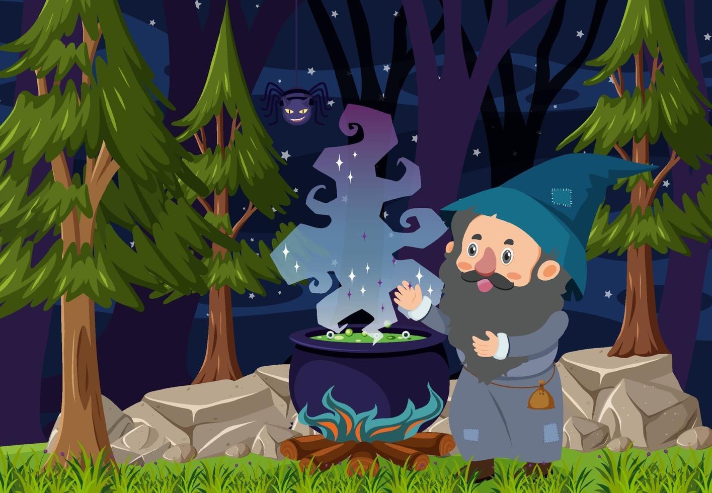 Forest scene at night with a wizard spelling with potion pot vector