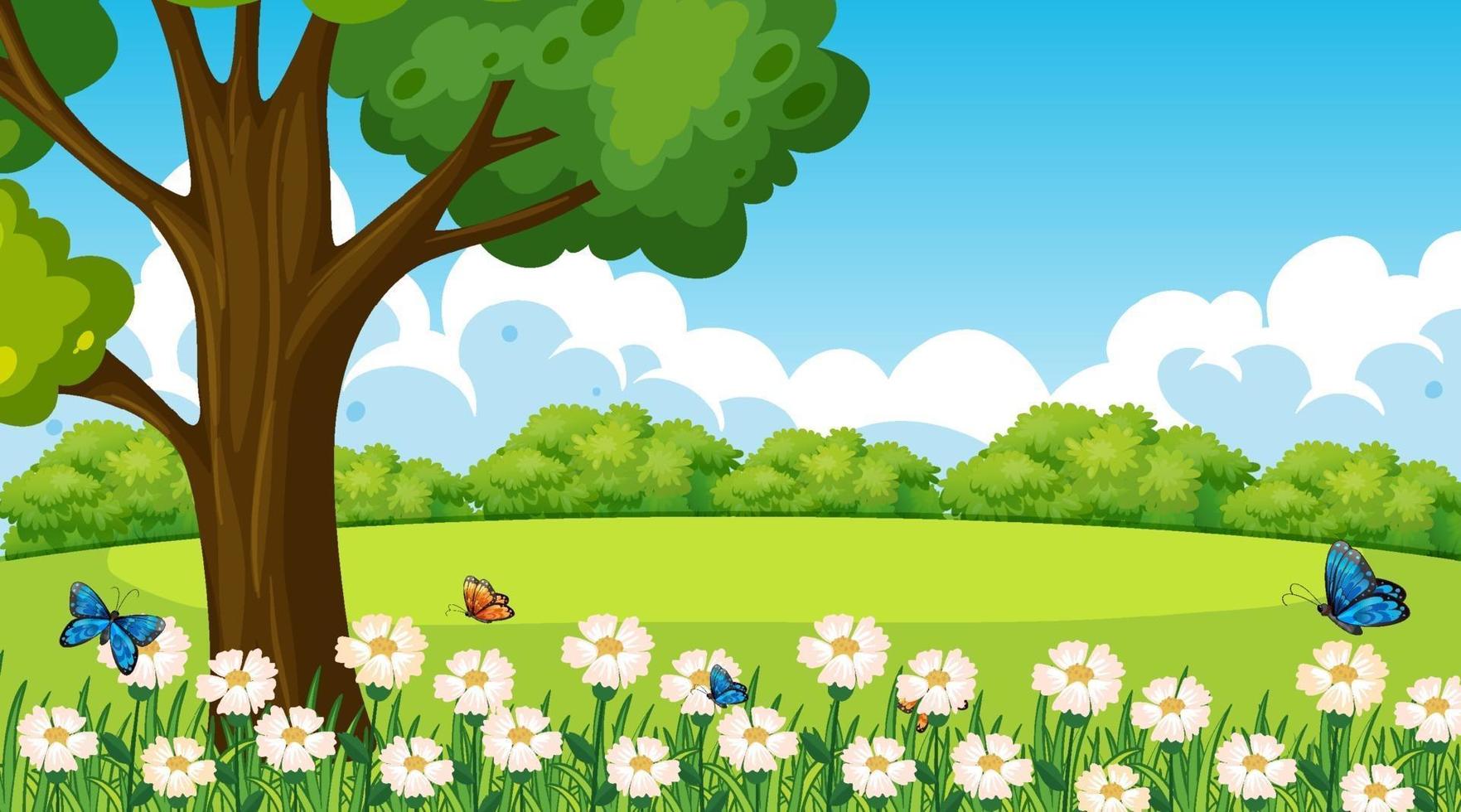 Park outdoor scene with flower field and a big tree vector