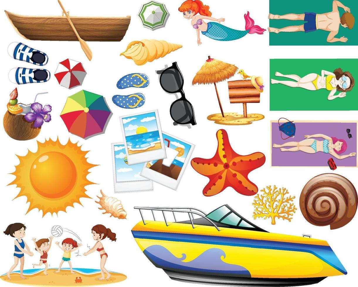 Conjunto de estilo de dibujos animados de icono de playa de verano sobre fondo blanco vector