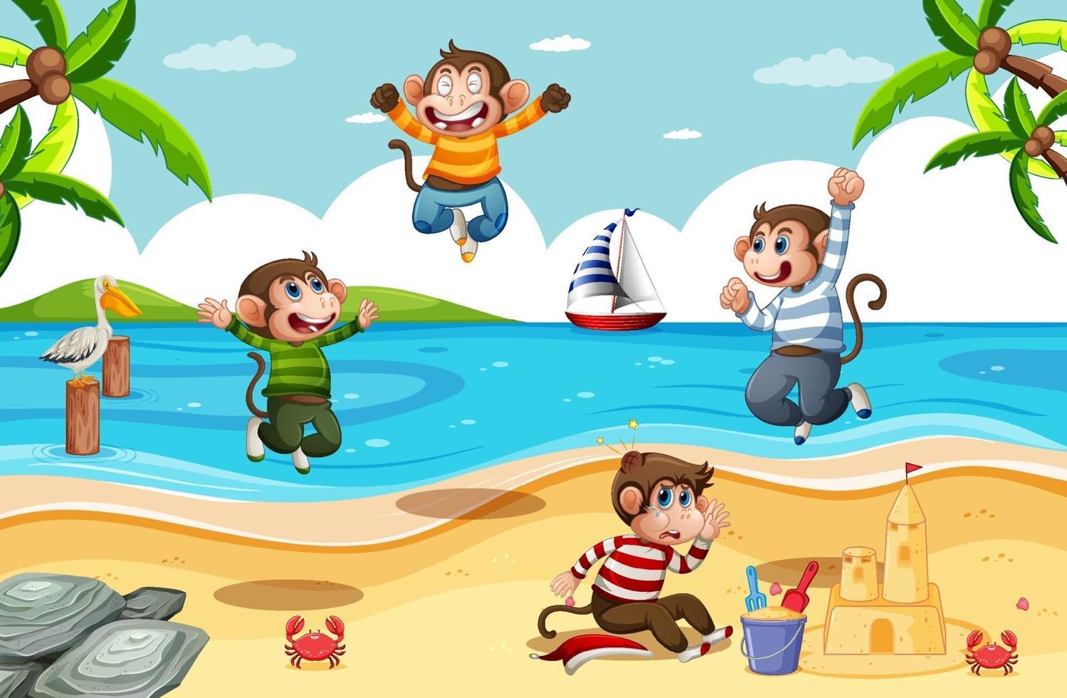 Four little monkeys jumping in the beach scene vector
