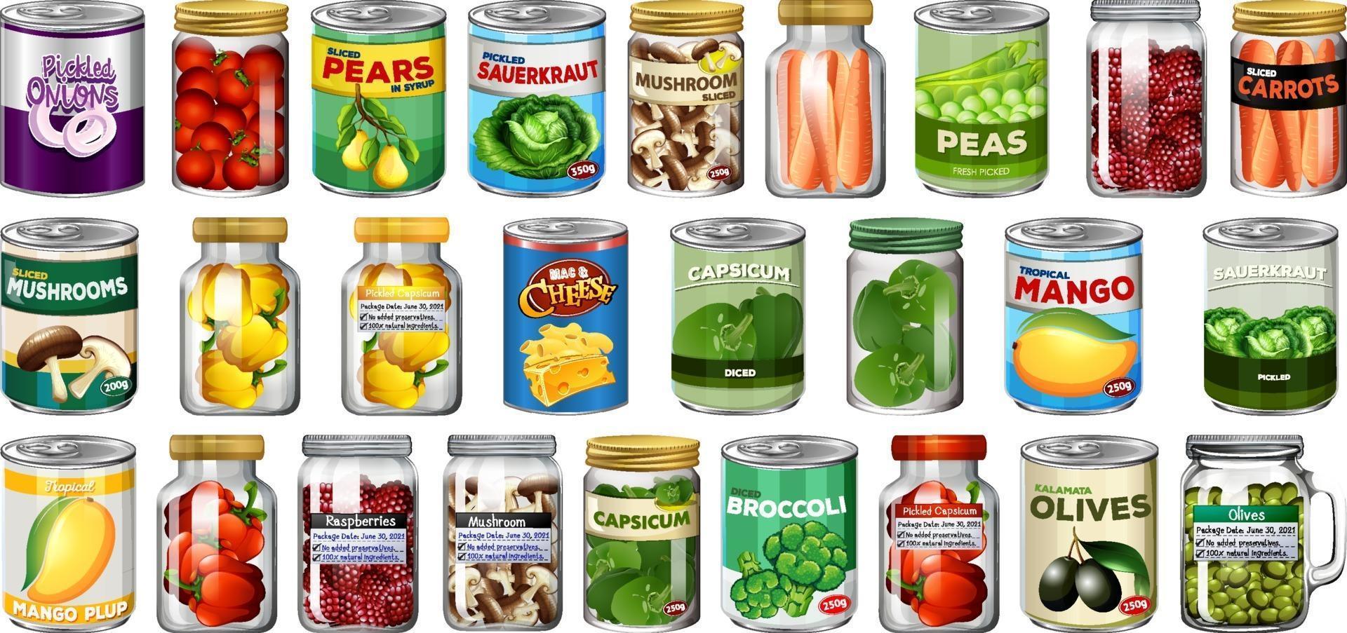 Set of different canned food and food in jars isolated vector