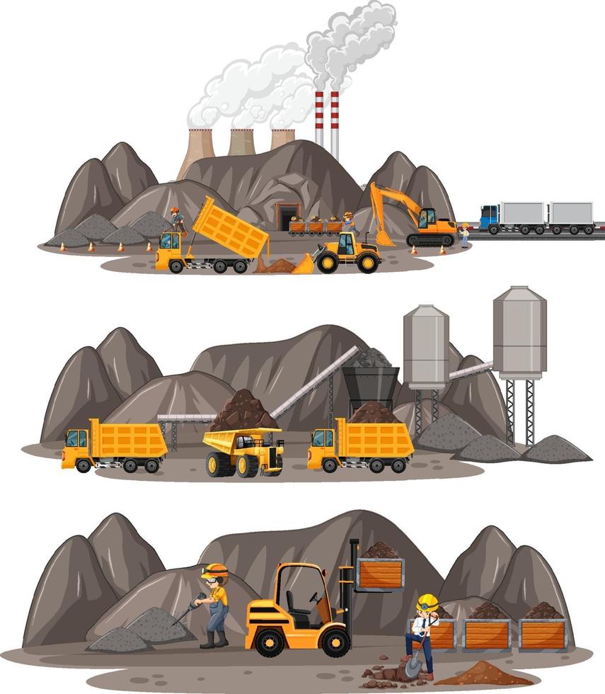 Escena de minería de carbón con diferentes tipos de camiones de construcción. vector