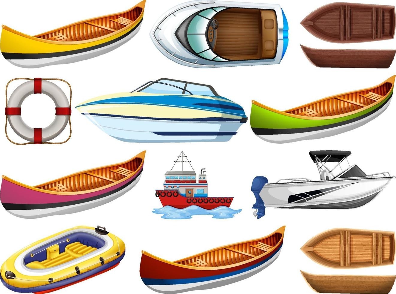 Conjunto de diferentes tipos de barcos y barcos aislado sobre fondo blanco. vector