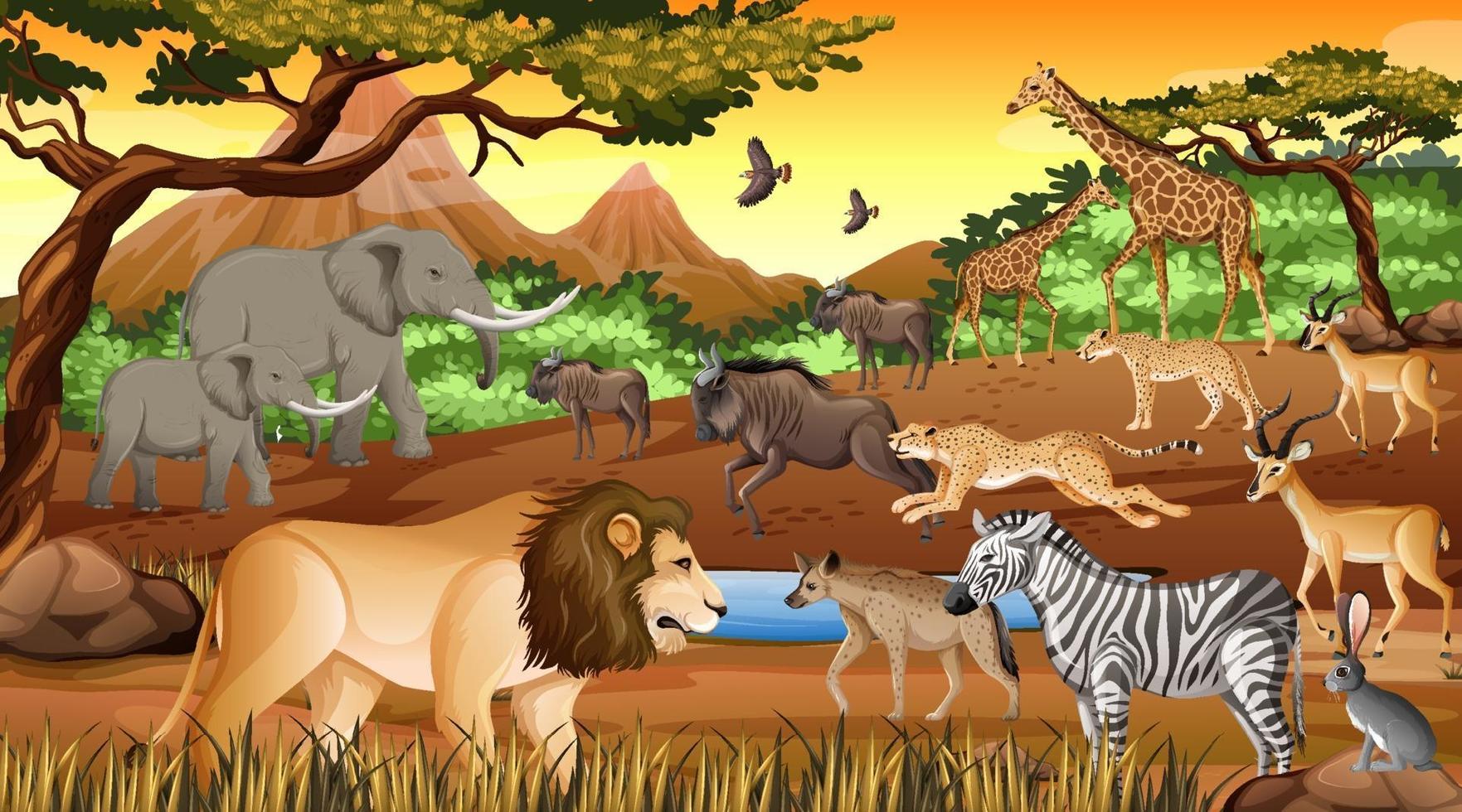 Grupo de animales salvajes africanos en la escena del bosque vector