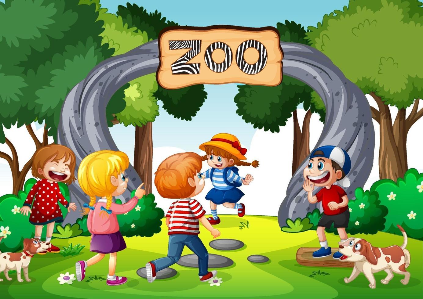 Zoo entrance gate scene with many kids vector