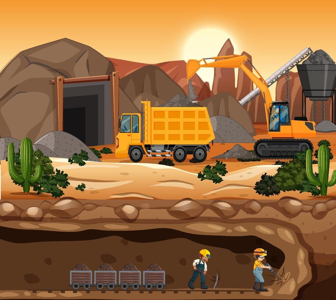 Landscape of coal mining scene at sunset time vector
