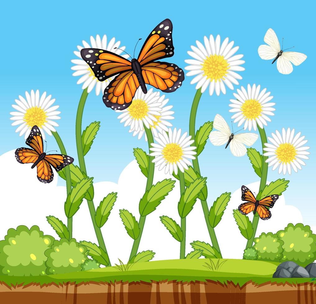 Many butterflies with many flowers in the garden scene vector