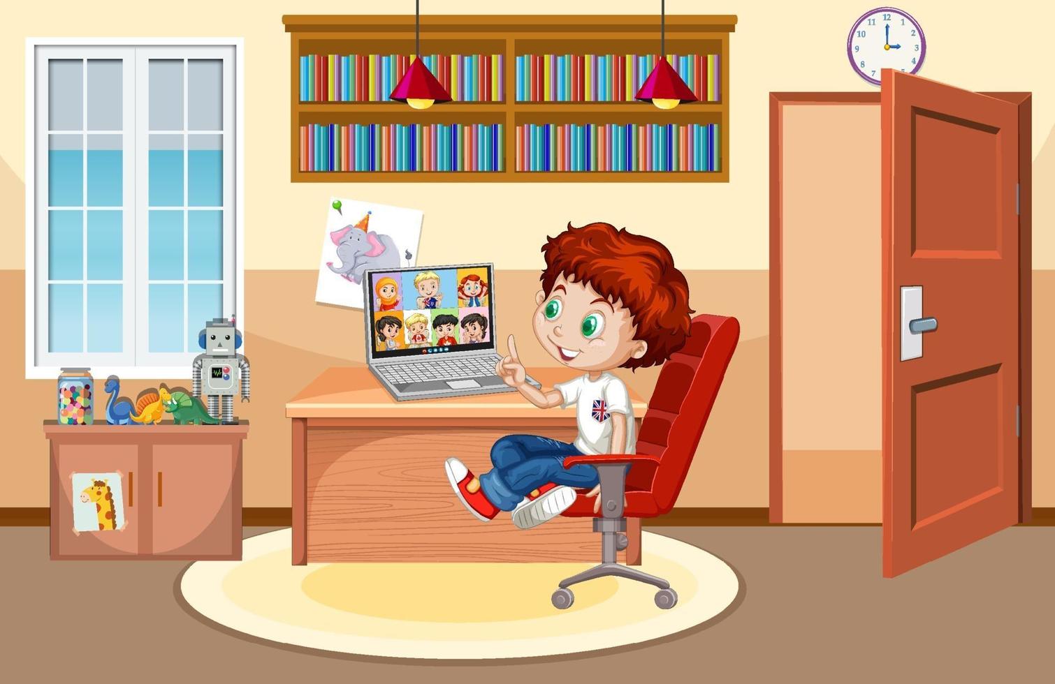 A boy communicate video conference with friends at home scene vector