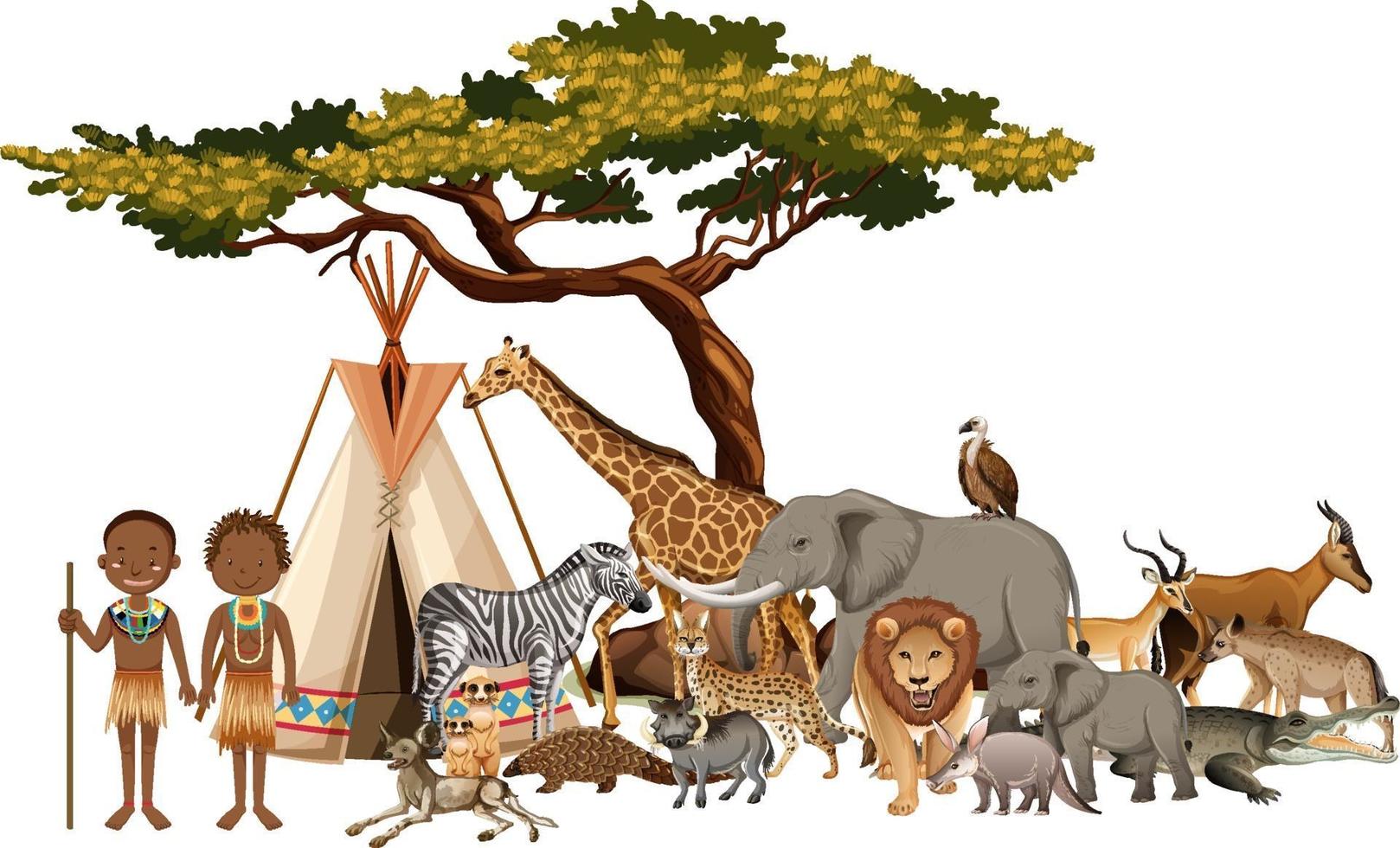 African tribe with group of wild african animal on white background vector