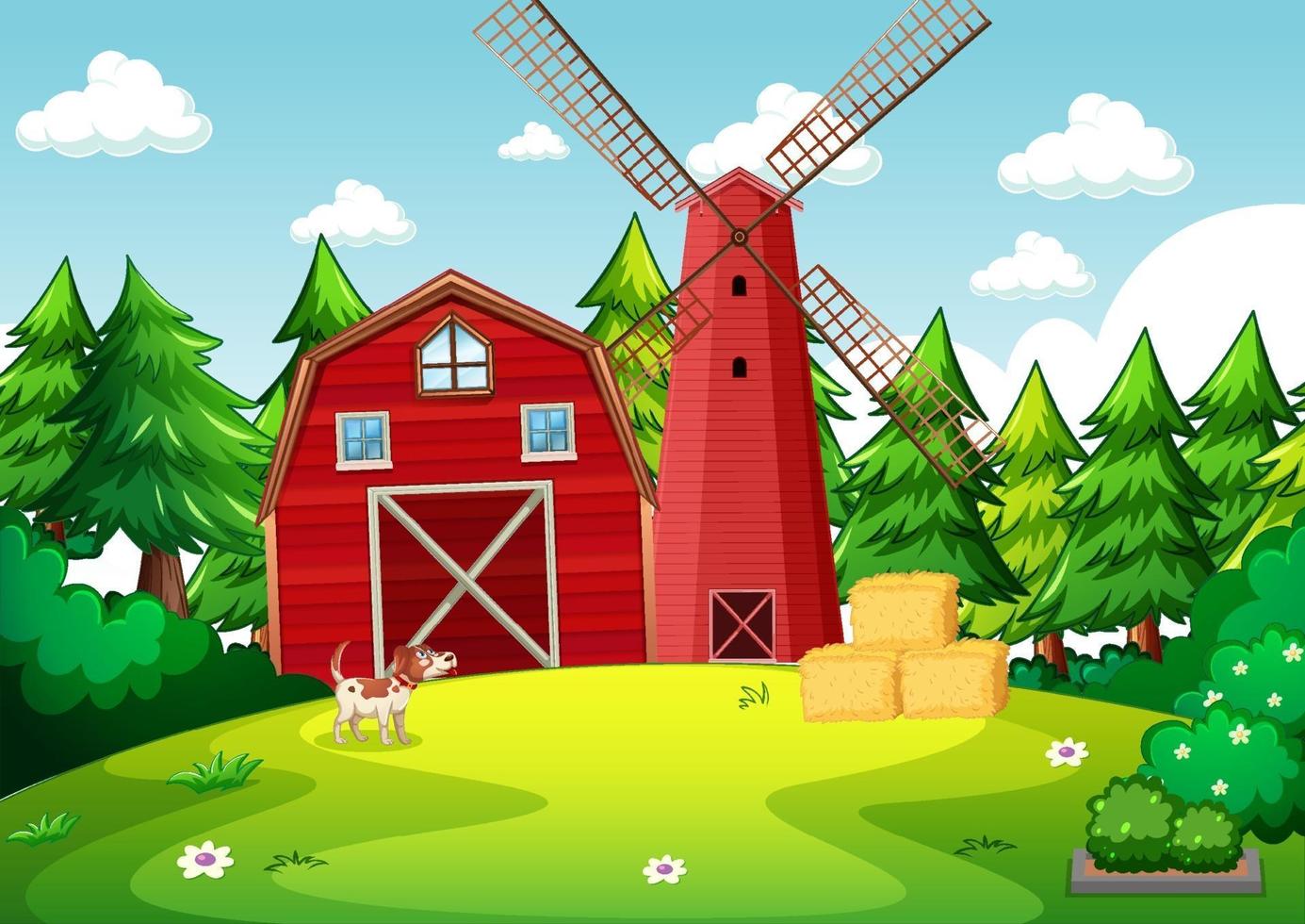 Background scene with red barn and windmill in the farm vector