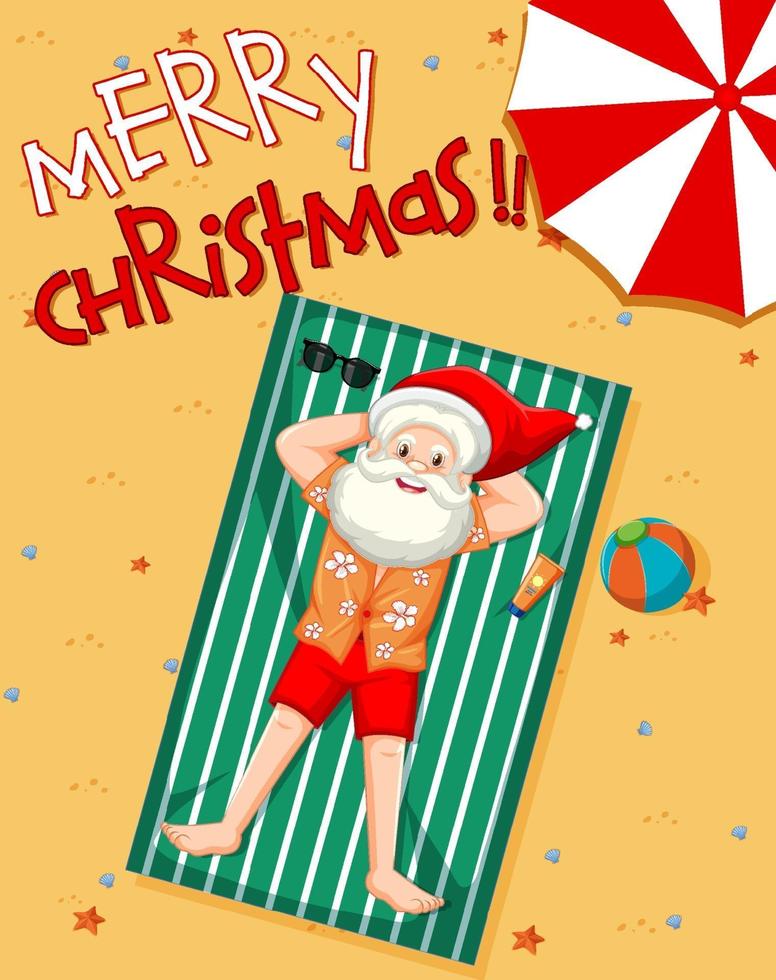 Merry Christmas font Santa Claus taking sun bath on the beach with summer element vector