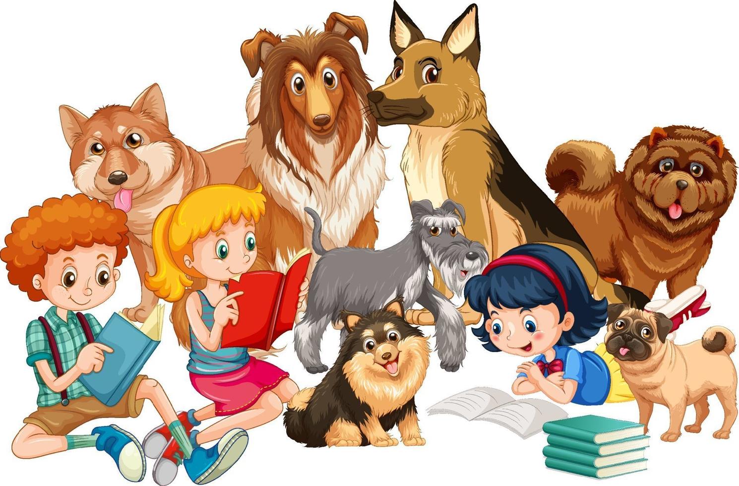 Group of children with their dogs vector