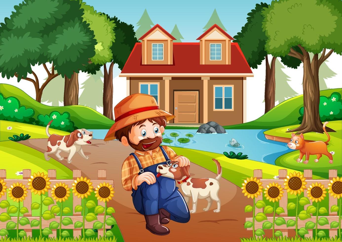 A man playing with a dog in nature scene vector