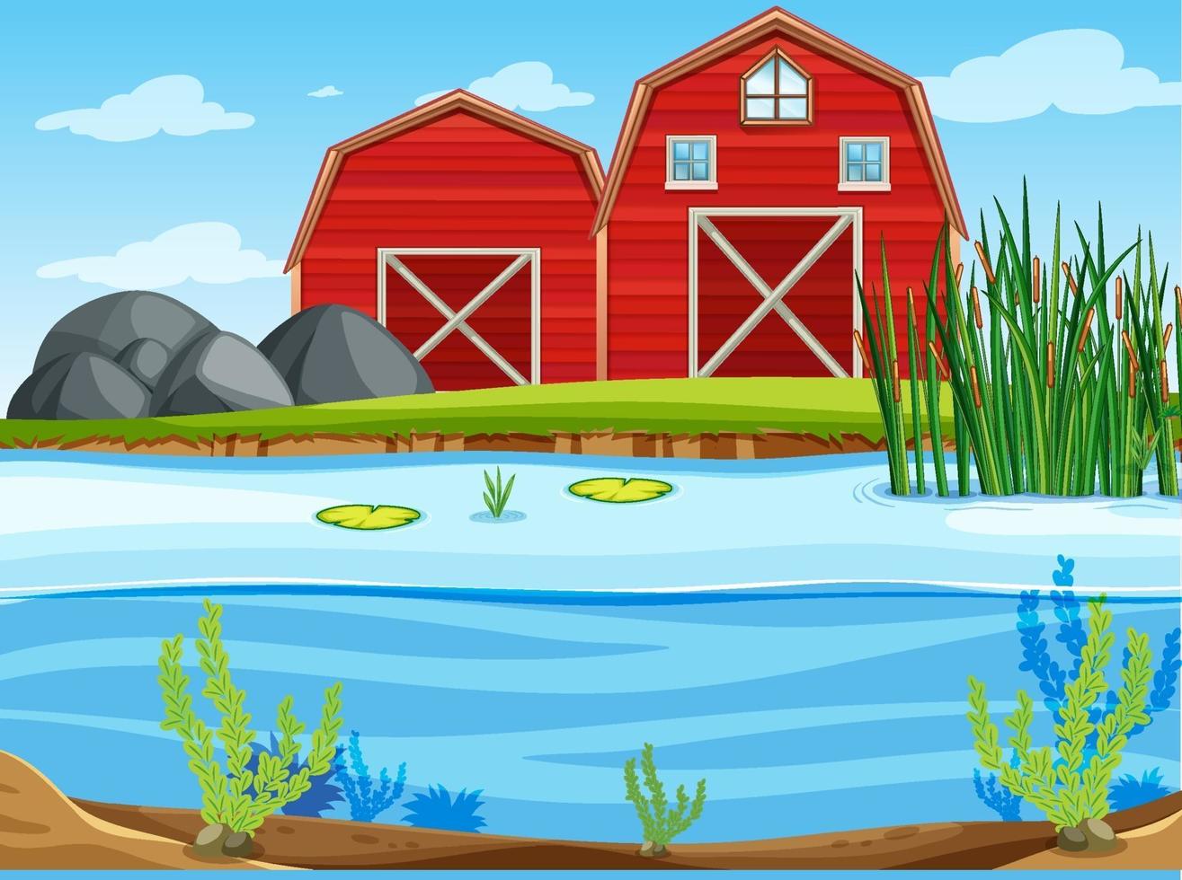 Two red barns in the nature scene vector