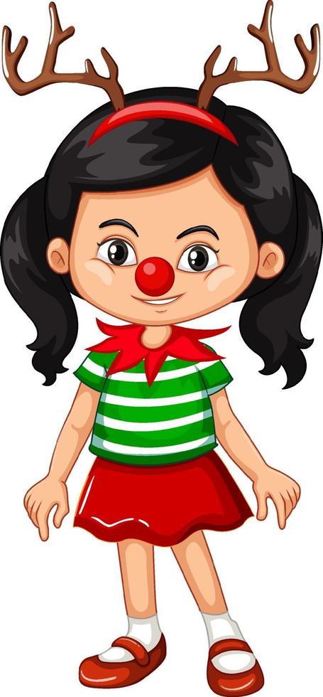 Girl wearing reindeer headband and red nose Christmas costume vector