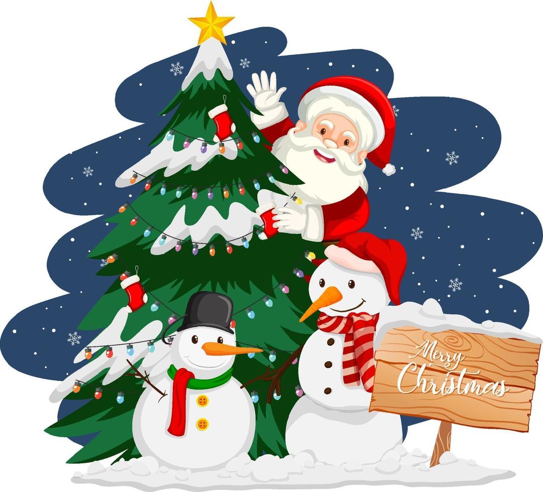 Santa Claus with christmas tree and snowman at night vector