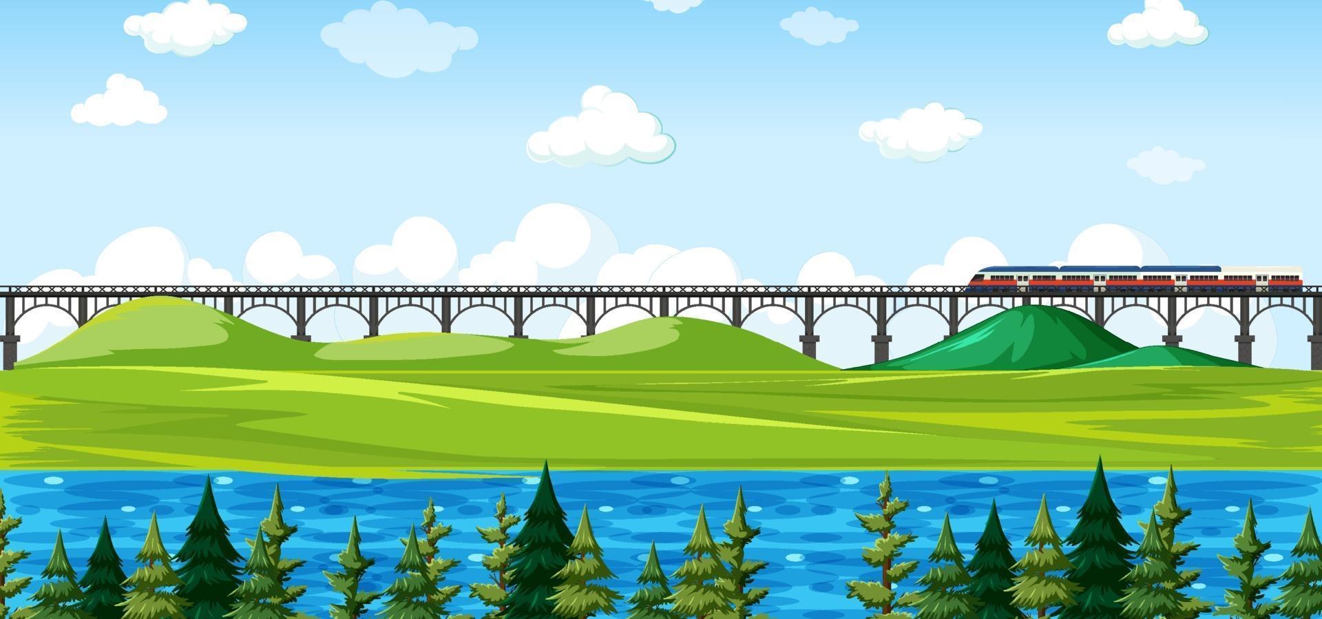 City nature park with train on skyline landscape scene vector