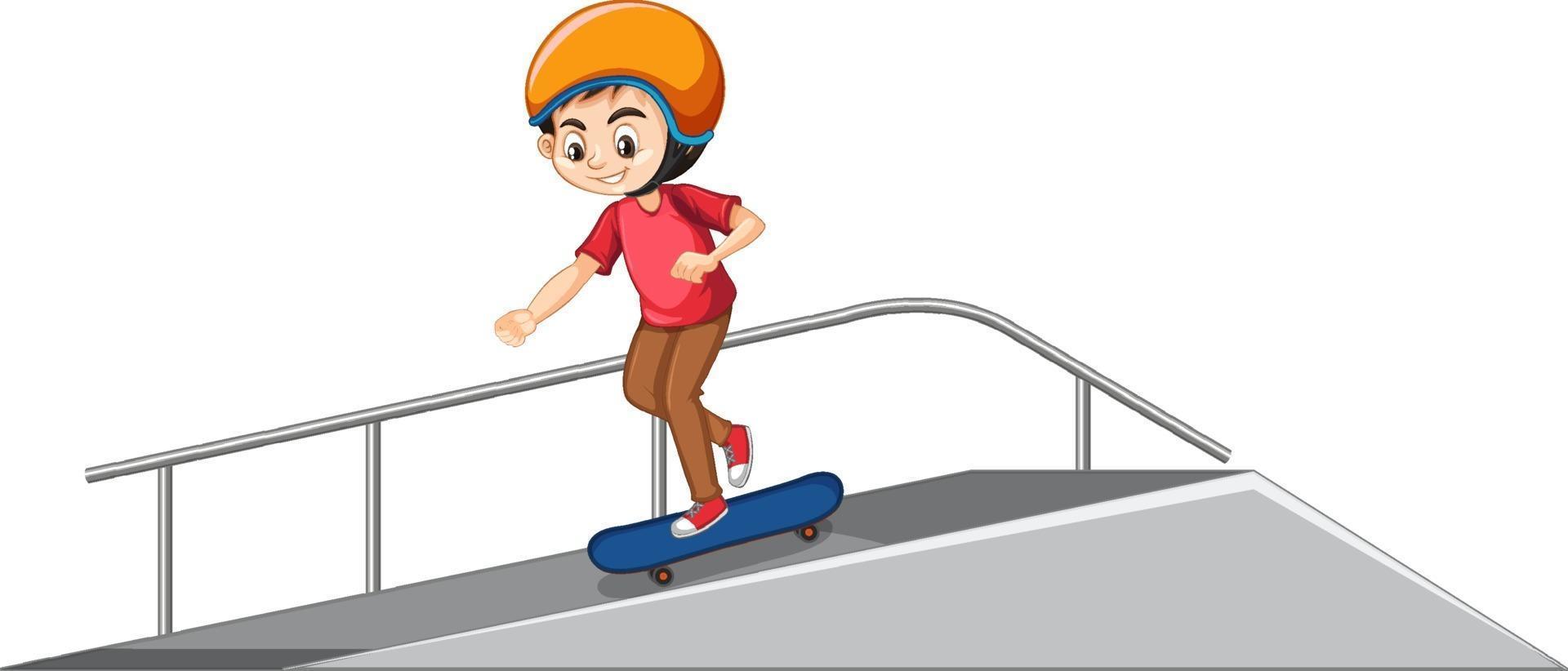 Niño con casco jugando skatboard en la rampa sobre fondo blanco. vector