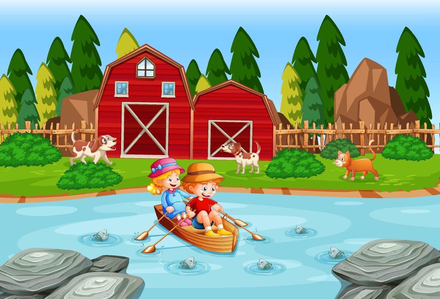 Los niños remar en el bote en la escena de la granja del arroyo. vector