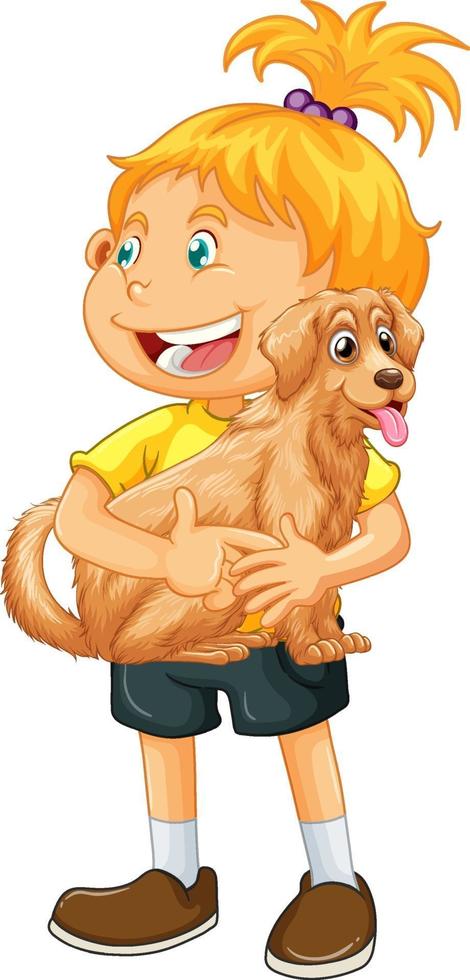 Una niña sosteniendo un personaje de dibujos animados lindo perro aislado sobre fondo blanco vector