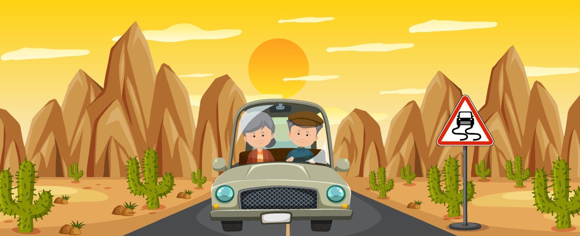 Pareja de pensionistas conduciendo en el desierto viaje vector