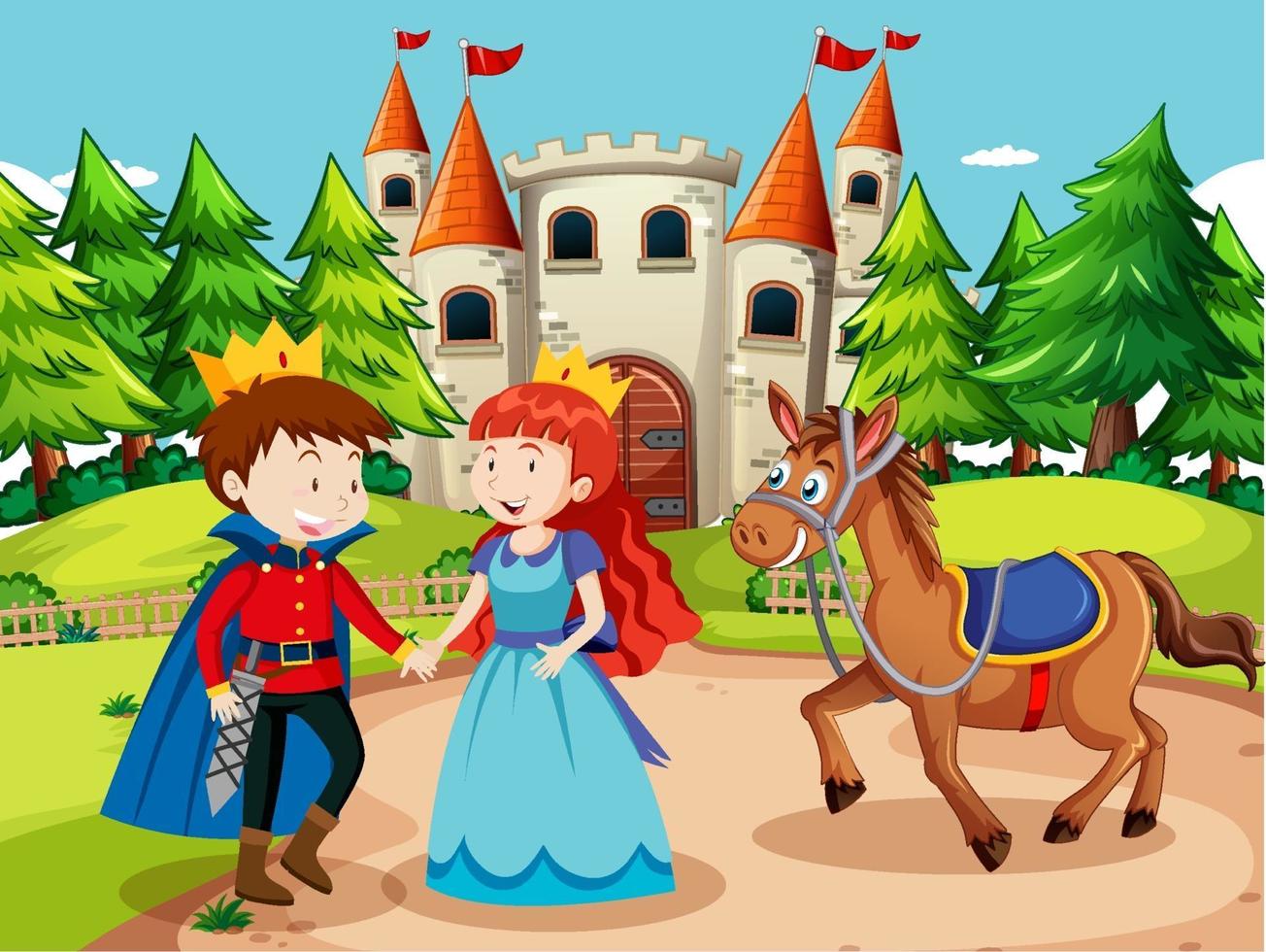 escena con el príncipe y la princesa en el castillo. vector