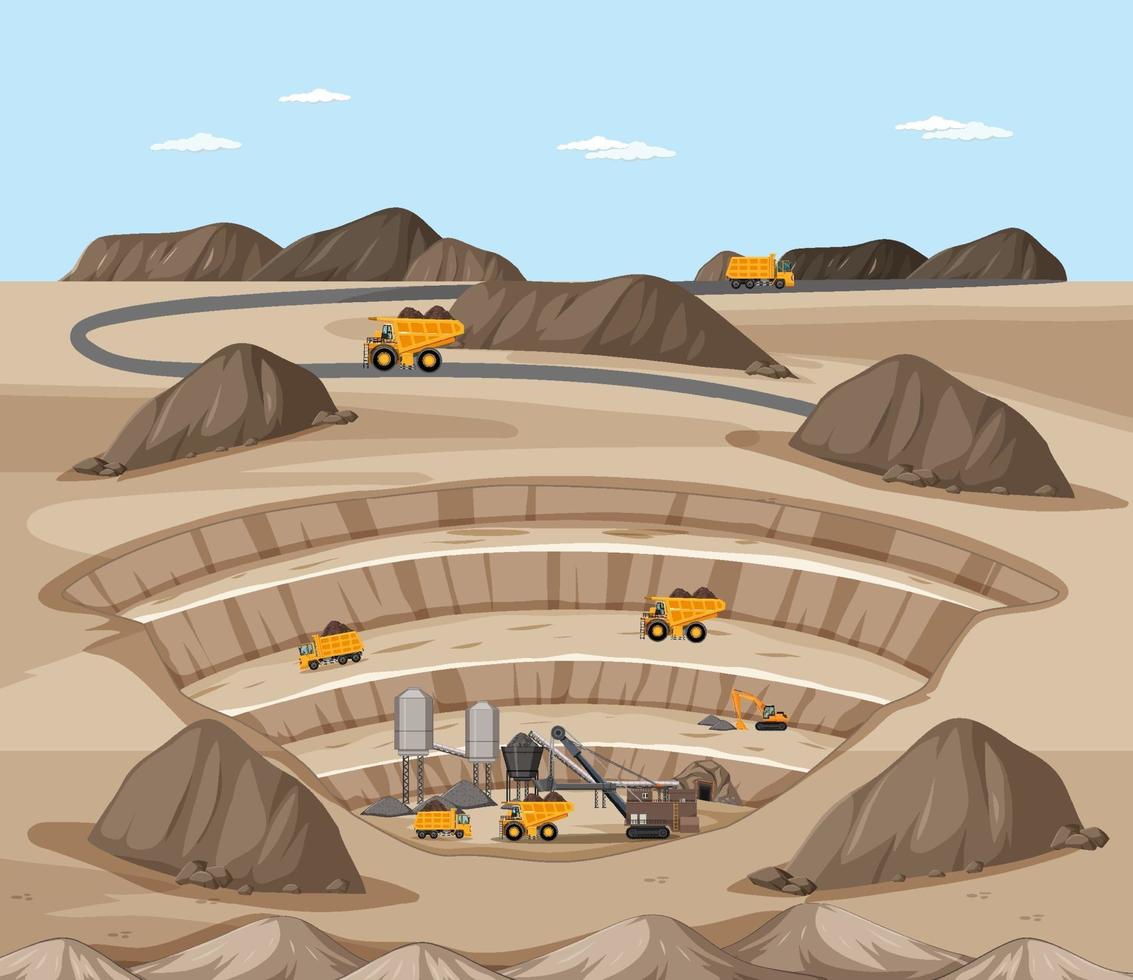 paisaje de la escena de la minería del carbón con grúas y camiones vector