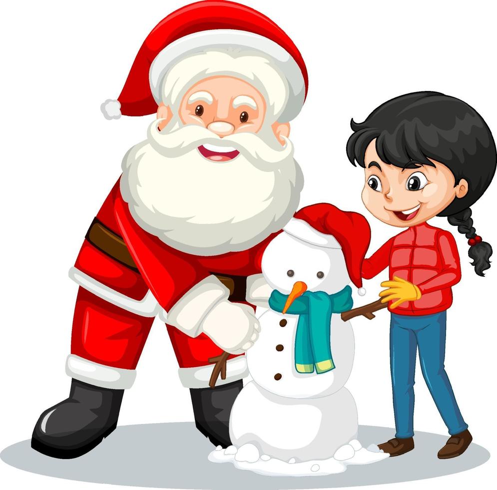 Santa Claus with girl creating snowman on white background vector