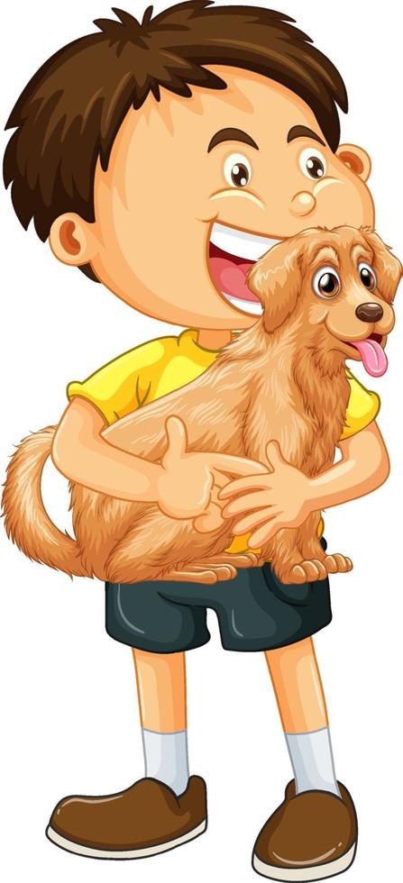 A boy holding cute dog cartoon character isolated on white background vector