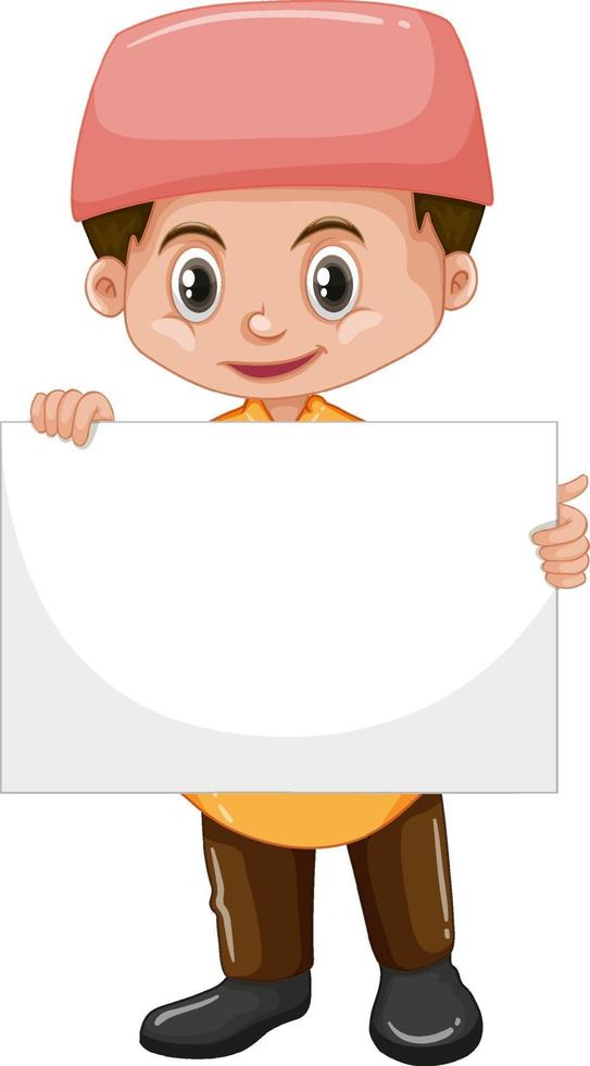 Muslim boy holding empty banner vector