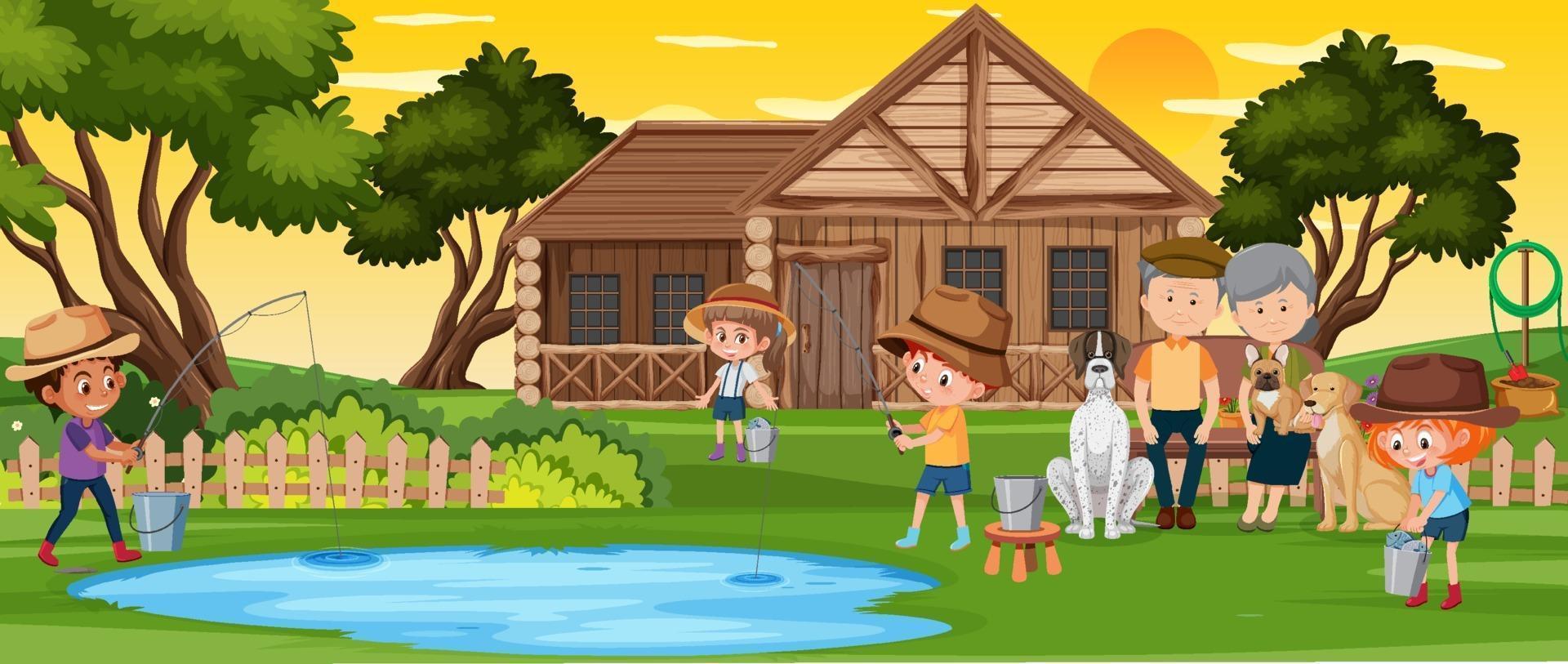 People fishing in nature landscape vector