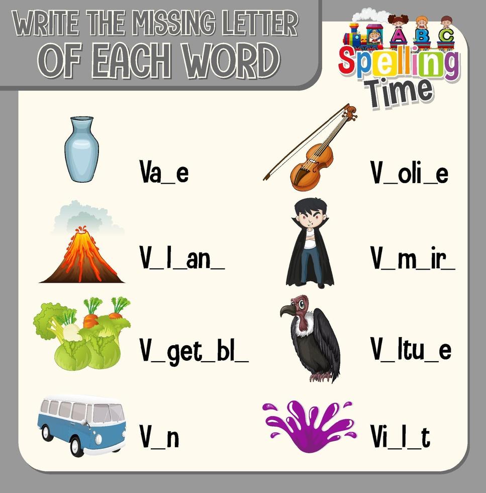 Write the missing letter of each word worksheet for children vector