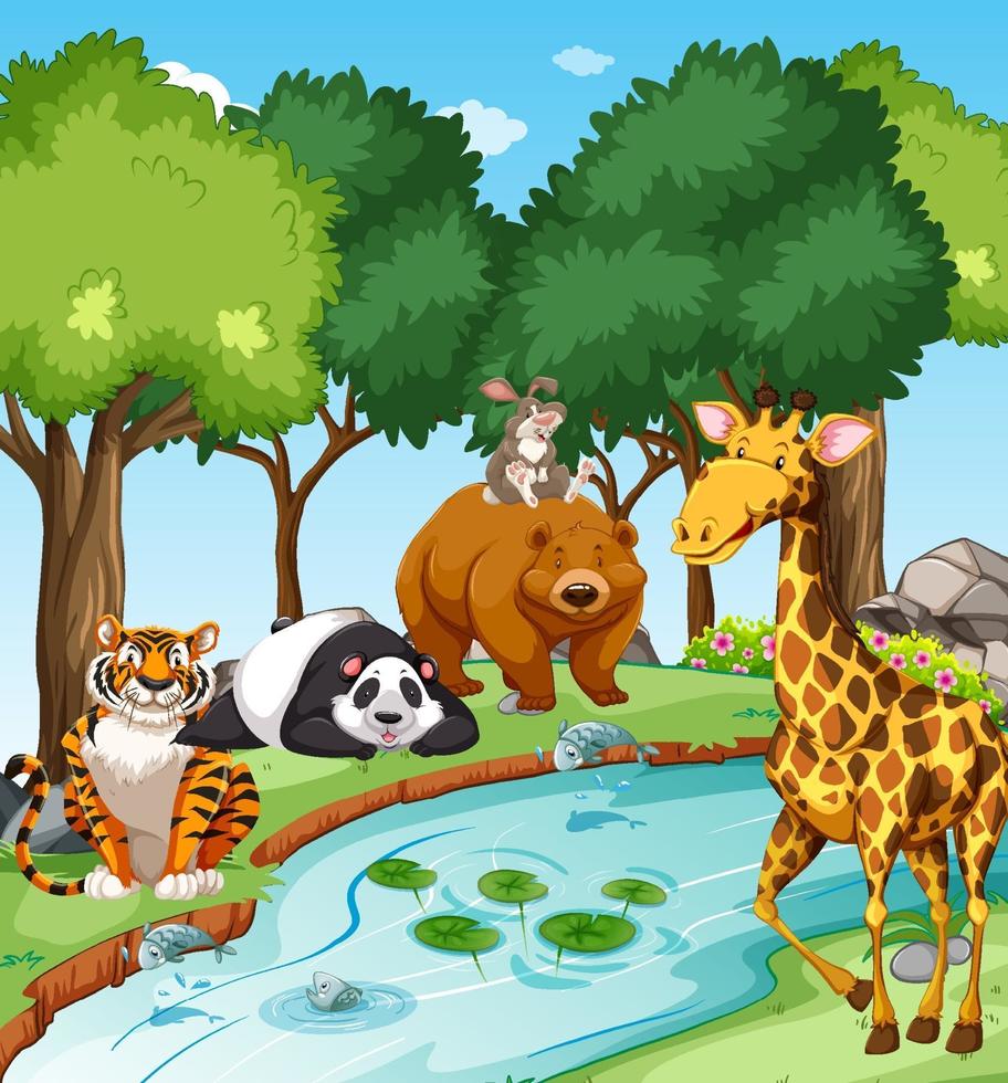 Wild animals in the forest at day time scene vector