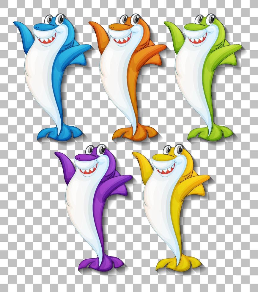 Set of many smiling cute shark cartoon character isolated on transparent background vector