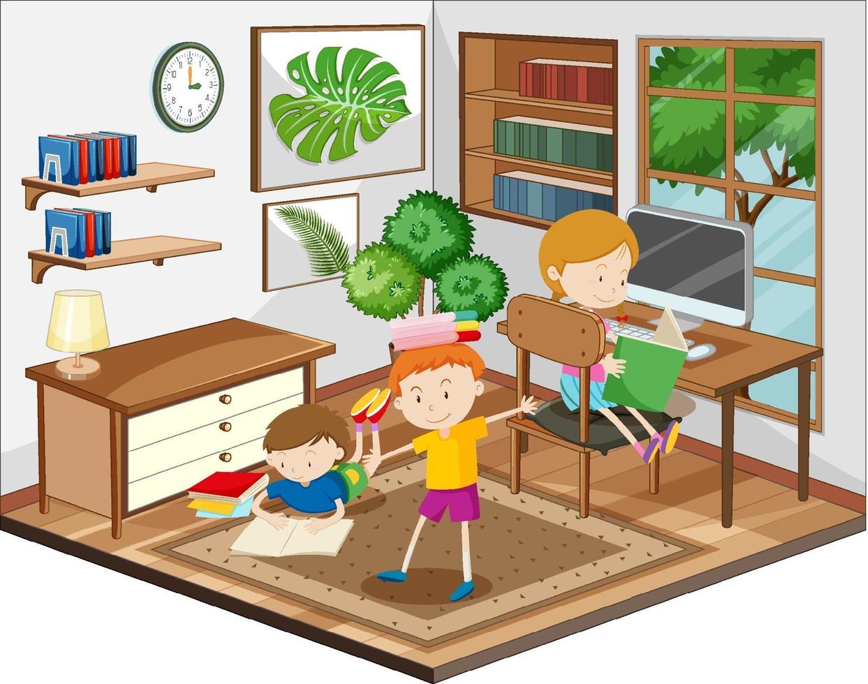 Children doing homework in the living room scene vector